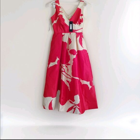 Donna Karan Red Fit & Flare Dress Cream Floral Midi Romantic Capsule 2 - Picture 1 of 8